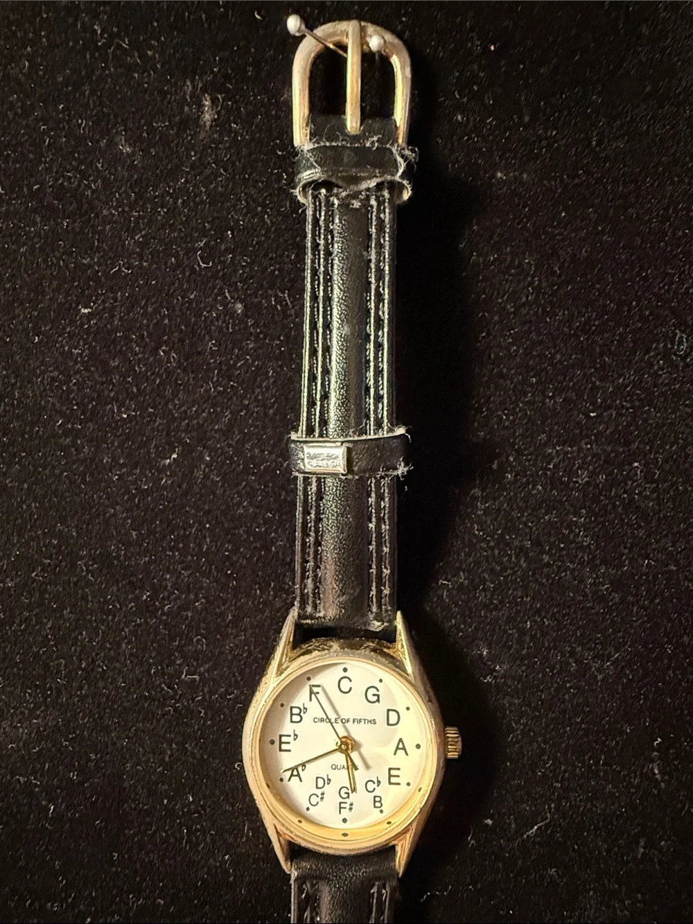 Circle of Fifths Gold-Tone Watch with Black Leather Strap Size 6.5”